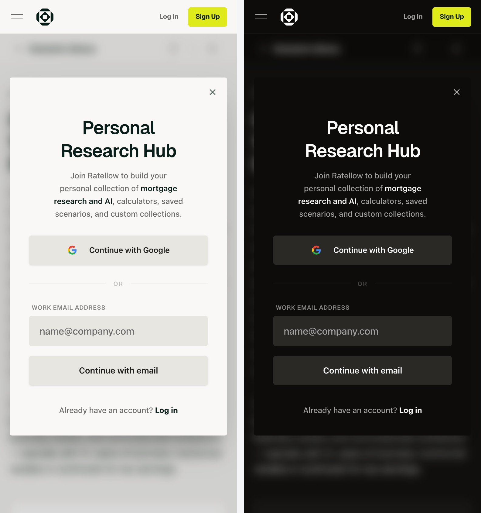 The Personal Research Hub sign-up modal on mobile in both light and dark mode — one free account, anything you save lives in a personal library that follows you between devices.