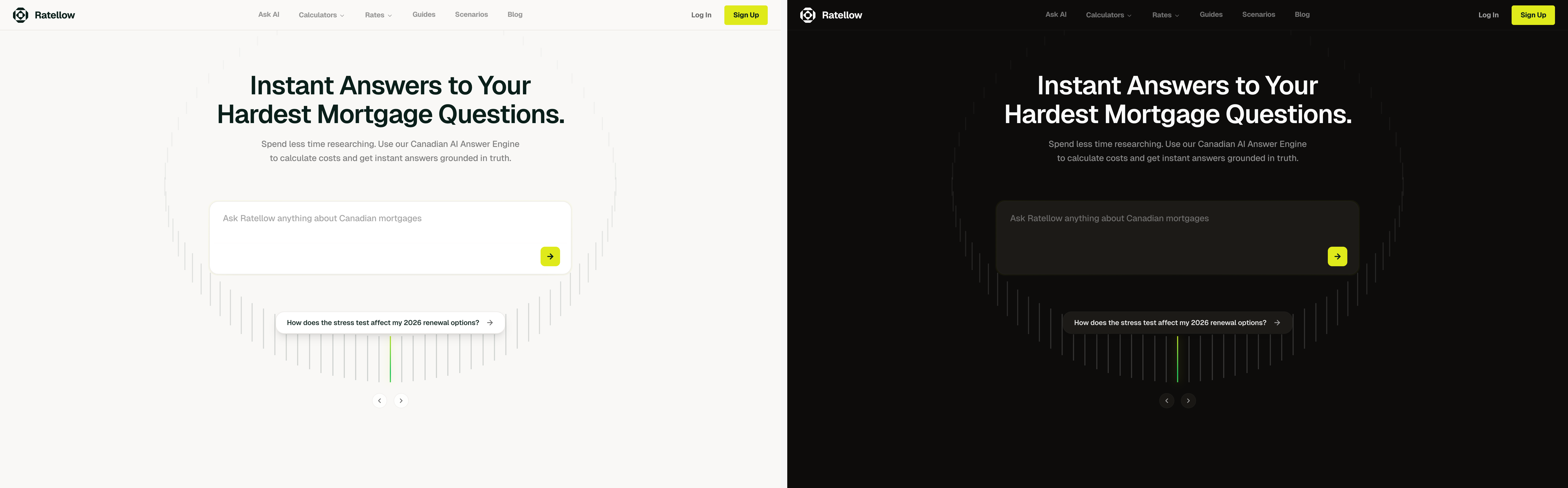 The Ratellow homepage at desktop width in both light and dark mode — same content, the theme follows the reader's system preference. Both surfaces are first-class.