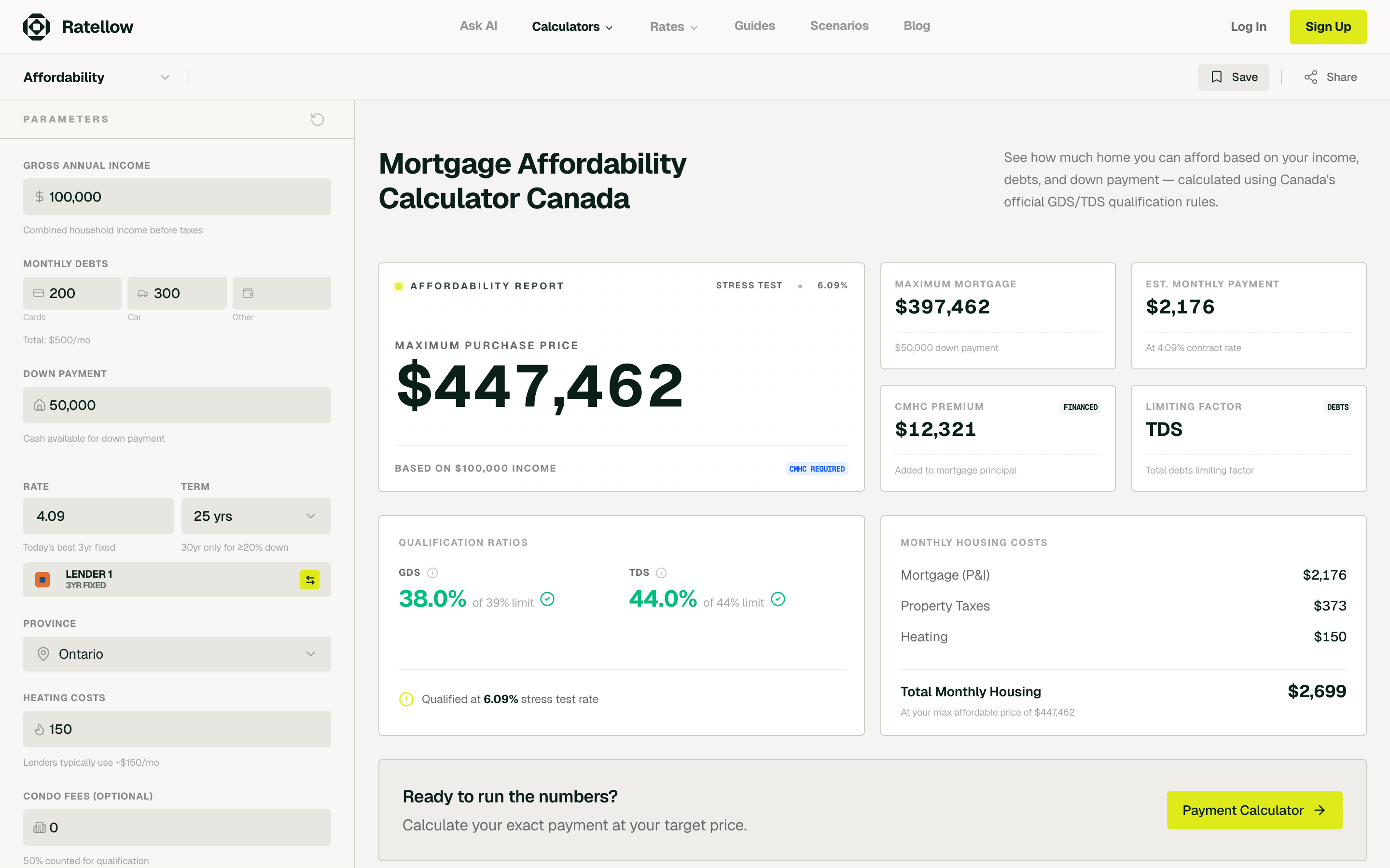 Ratellow's Affordability Calculator — same OSFI-compliant qualification rules and provincial closing-cost data the lender's underwriter would use, surfaced in a worked report you can save.