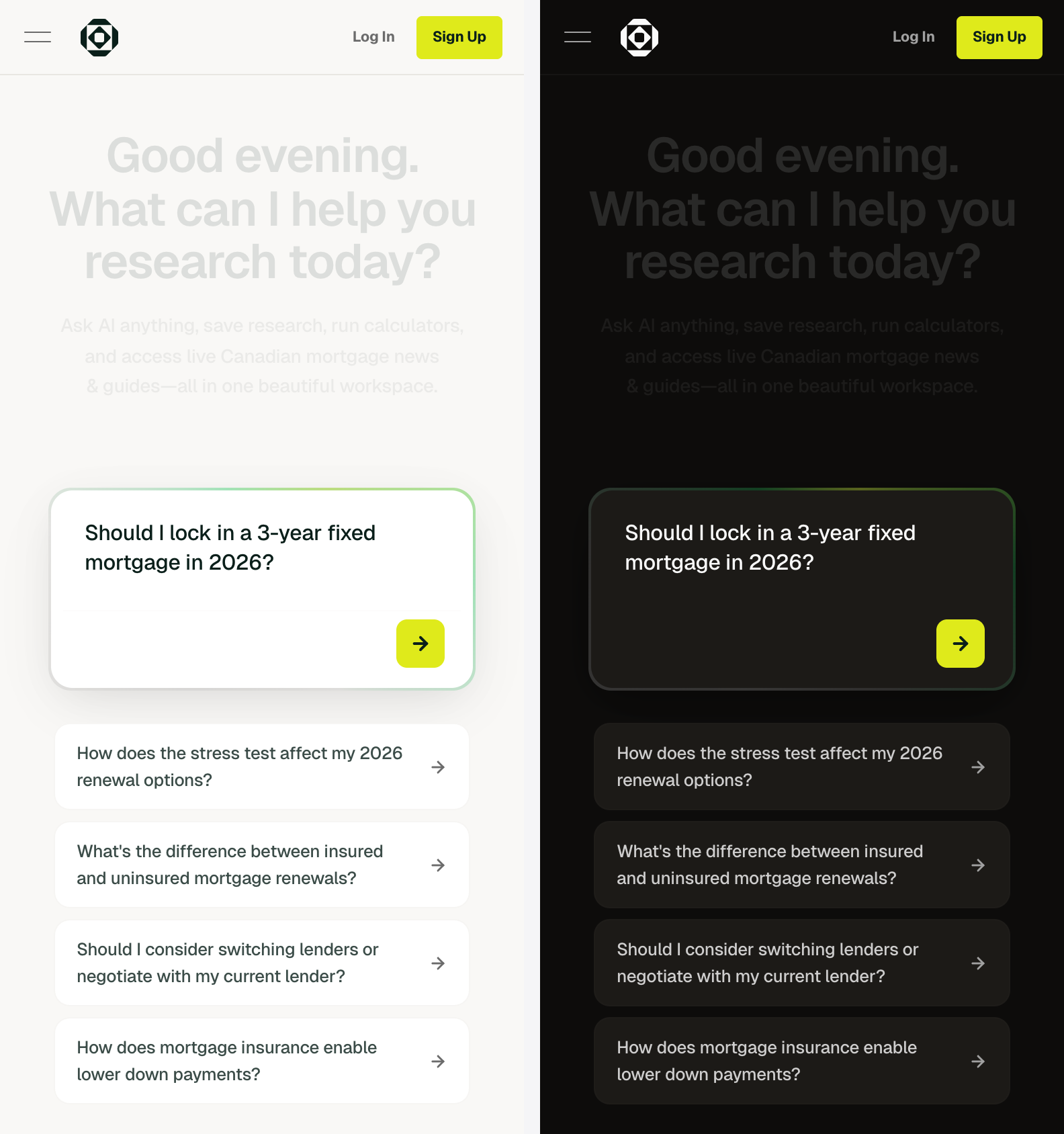 The Ask surface on mobile in both light and dark mode, with a prompt typed in. Same flow on a phone in the kitchen as on a desktop in the office — no second-class experience.