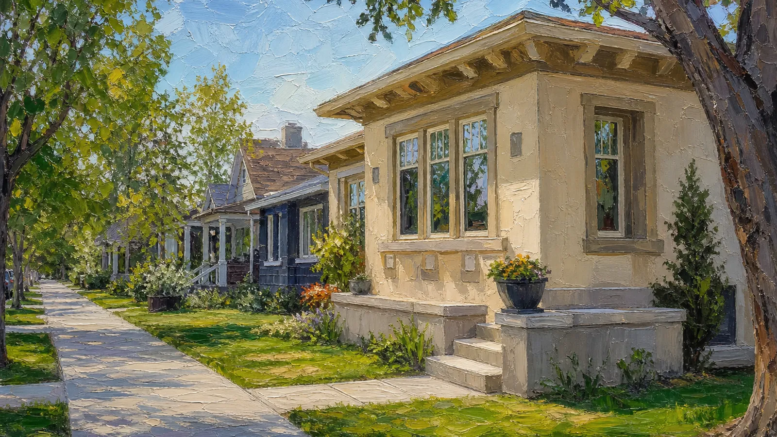 Calgary prairie bungalow stoop on a pale afternoon sidewalk