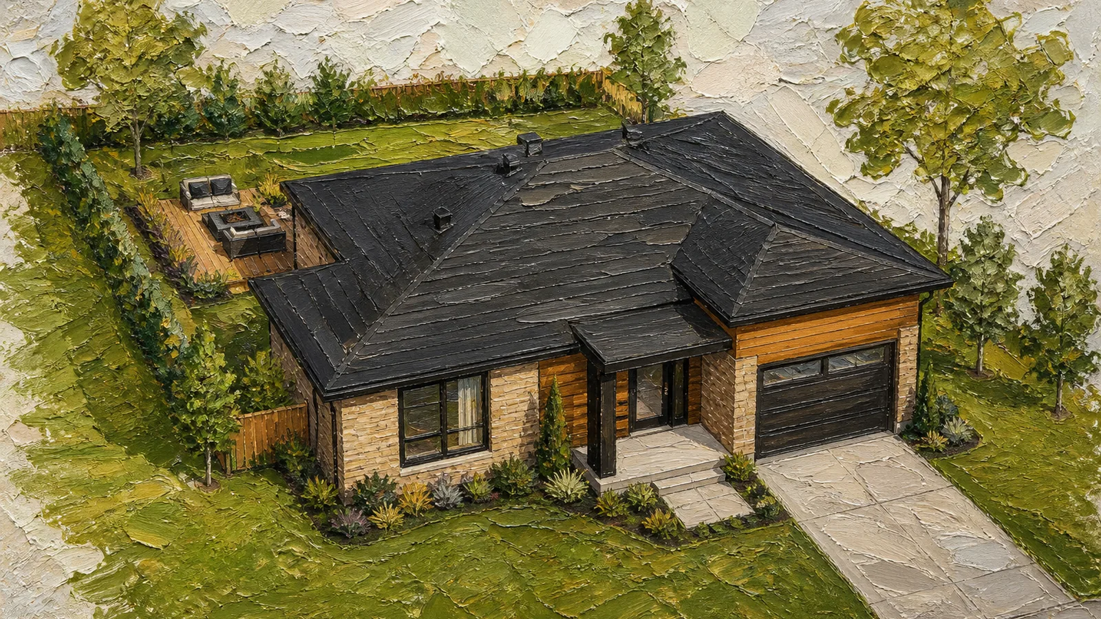 Angled aerial of a modern beige stone and cedar bungalow with garage