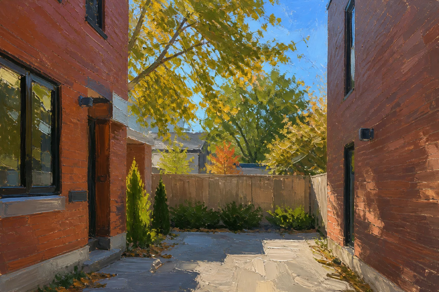 Side lane between newer Toronto Beaches brick townhouses in September