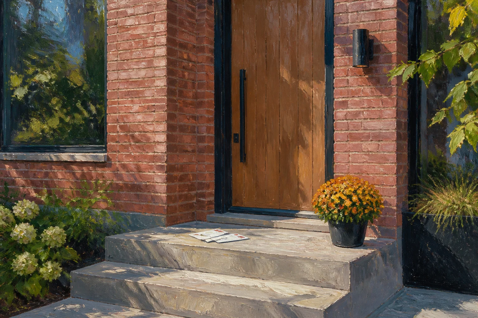 Toronto Beaches brick stoop in September, two envelopes on the step